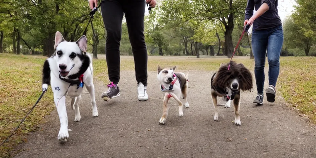 Prompt: a dog walking a human like a dog