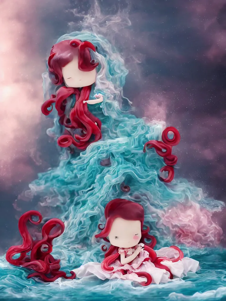 Prompt: cute fumo plush chibi gothic translucent octopus maiden princess girl washing her hair in the waves of the wavering dark galactic abyss, long black and red ruffled intricate dress with ribbons, ocean wave thunderstorm and reflective splashing water, wisps of smoke and haze and volumetric fog, ocean simulation, vignette, vray