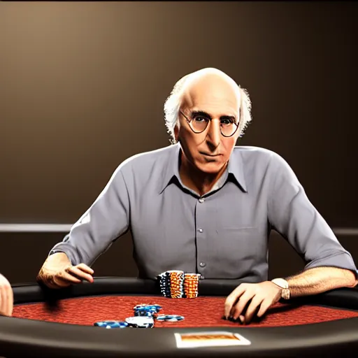 Prompt: larry david playing poker, photorealistic studio portrait, studio lighting, unreal engine 5, hyperrealistic, dynamic lighting, white ambient background, realistic, highly detailed