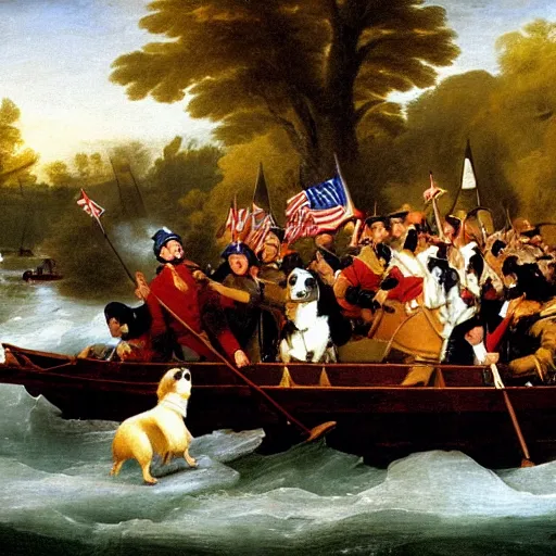 Prompt: Washington crossing the Delaware on a corgi, Painted by Emanuel Leutze