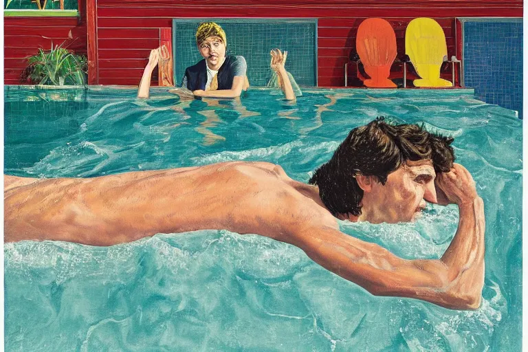 Image similar to justin trudeau in a swimming pool in a house in california, magazine centerfold, by david hockney, peter doig, lucien freud, francis bacon, pop realism, oil on canvas