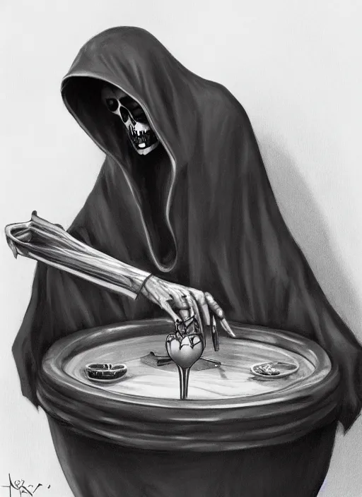 an illustration of grim reaper, full body, relaxing in