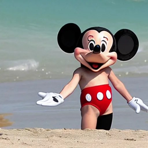 Prompt: Mickey Mouse staring at Kate Beckinsale on the beach, she is annoyed,