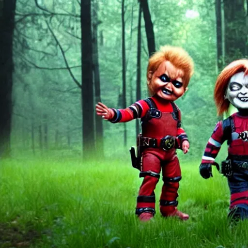 Image similar to chucky the doll and deadpool in the woods together 4 k detailed super realistic