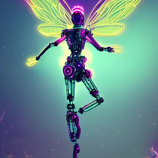 Image similar to A robotic fairy flying, neon, futuristic, intricate details, unreal engine , realistic