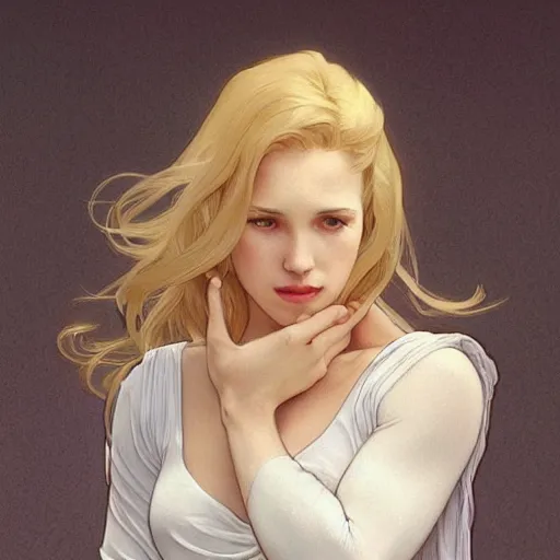 Prompt: a beautiful cartoon still portrait of a beautiful cute young woman shoulder - length blonde hair superhero wearing a tight solid matte navy blue lycra suit white cape white cowl white shoulders, intricate, elegant, 8 k, highly detailed, digital painting, concept art, smooth, sharp focus, illustration, by artgerm greg rutkowski alphonse mucha loish wlop