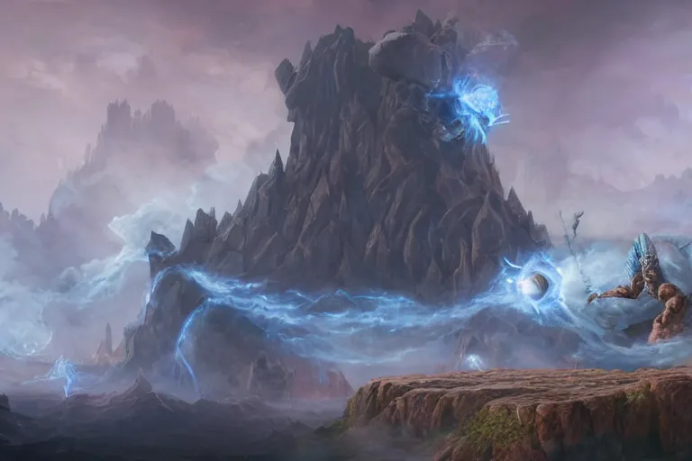 Prompt: A primordial elemental lord being awoken too early by his majordomo, detailed matte painting