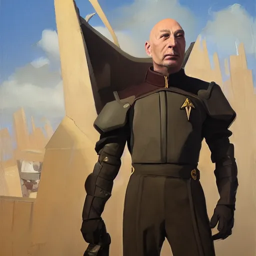 Image similar to greg manchess portrait painting of partially armored jean luc picard as overwatch character, medium shot, asymmetrical, profile picture, organic painting, sunny day, matte painting, bold shapes, hard edges, street art, trending on artstation, by huang guangjian, gil elvgren, ruan jia, greg rutkowski, gaston bussiere