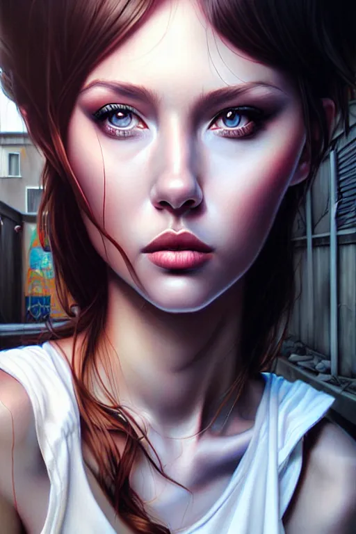 Prompt: Photorealistic hyperrealism in a shady backalley by Artgerm and WLOP