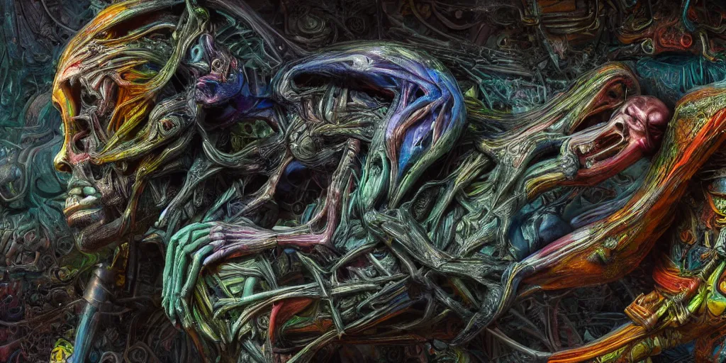 Prompt: dreamscape, giger, vivid colors, colorful, anatomical, highly detailed sculpture, intricate detailed, ommatidia, 8 k, cinematic atmosphere, post - processing