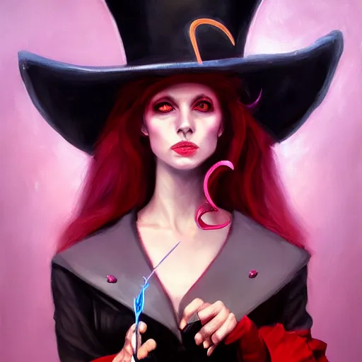 Image similar to oil painting of a rabbit dressed like a female magician holding a magic wand and a top hat, urban fantasy art by seb mckinnon, artstation npc character design, top - rated