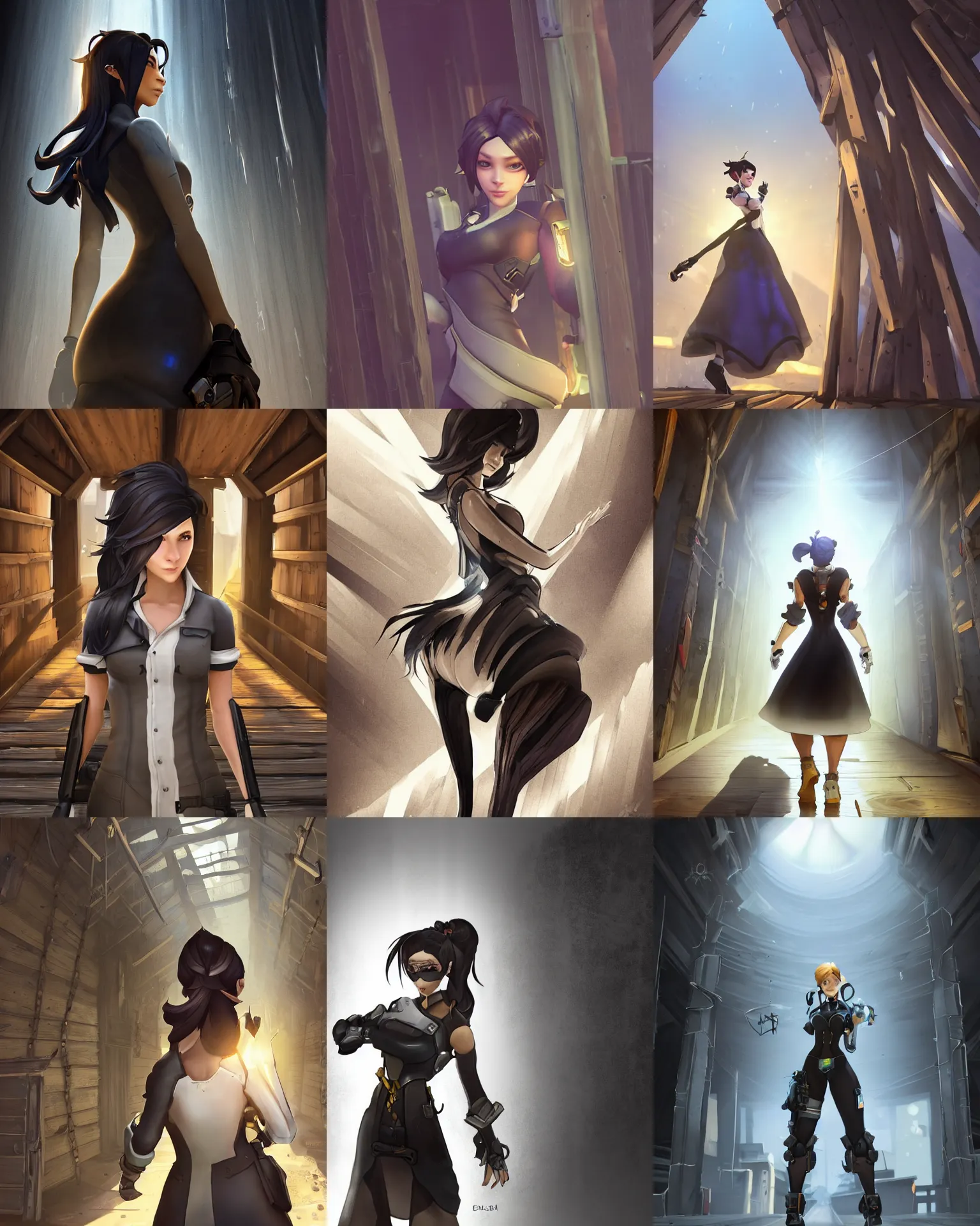 Prompt: style : overwatch. composition : medium shot. style : digital art ; detailed ; dreamlike ; 4 k. scenery : the inside of a dark barn ; a faint ray of light is shining through a crack in the planks. subject : a 2 5 years old woman ; dark hair ; wearing a white dress ; amber eyes. action : the woman is hiding behind a workbench.