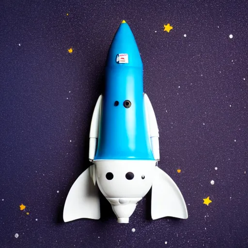 Prompt: a cute space rocket made of shiny plastic and aluminium - professional photo studio - dark bleu background - vignette