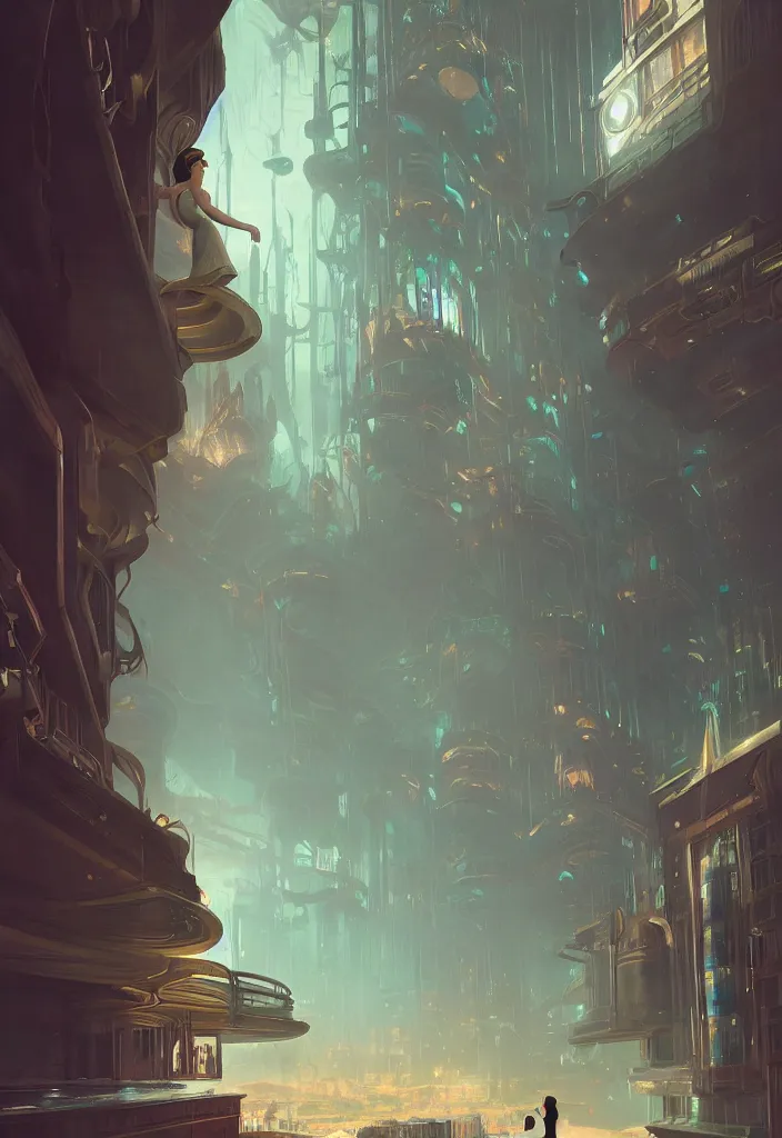 Image similar to a concept art painting of art deco bioshock style underwater city with a woman with back to camera looking out of a window by tuomas korpi, pablo carpio, gilles beloeil, cedric peyravernay, 1 9 6 0's, trending on artstation, highly detailed, atmospheric, directional lighting, cinematic