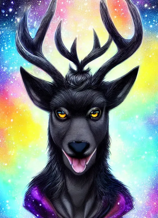 Image similar to award winning beautiful portrait commission of a male furry anthro Black Reindeer fursona with a tail, wings and a cute beautiful attractive detailed furry face wearing stylish black and rainbow galaxy clothes in a outerspace city at night while it rains. Character design by charlie bowater, ross tran, artgerm, and makoto shinkai, detailed, inked, western comic book art