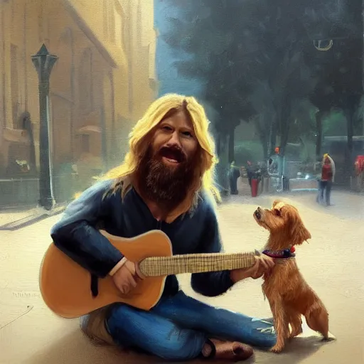 Image similar to oil painting of a young man with long hair blond and a beard hippie style with his golden retrever dog playing guitar in the square for money, people watching around, by greg rutkowski, artstation