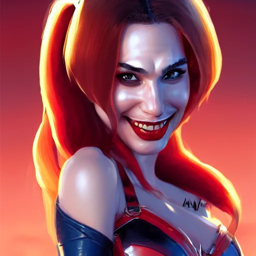 Image similar to a close up face of gal gadot as Harley Quinn, by Stanley Artgerm Lau, WLOP, Rossdraws, James Jean, Andrei Riabovitchev, Marc Simonetti, Yoshitaka Amano, ArtStation, CGSociety, Full body shot