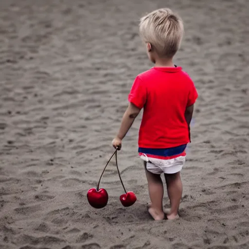 Image similar to close - up of a tiny boy standing on a plate and carrying a beachball - sized cherry in his arms, ultra realistic, highly detailed, sharp focus, cinematic lighting, mood lighting, realistic, vivid colors, photorealistic, digital art