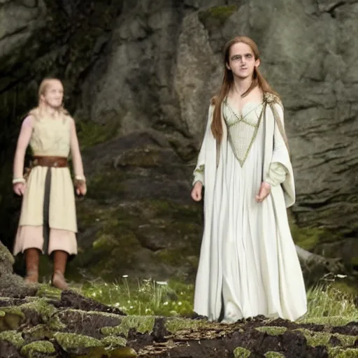 Prompt: still of emma watson as an elfvin the lord of the rings ( white dress )