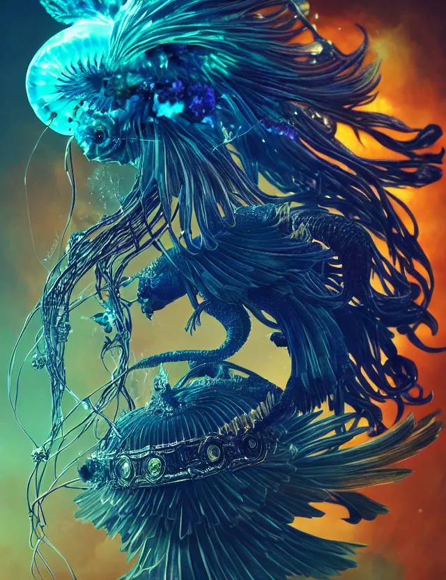 Image similar to witch phoenix macro close - up portrait with crown made of ram skull. phoenix, betta fish, jellyfish, plasma, ice, water, wind, creature, super intricate ornaments artwork by tooth wu and wlop and beeple and greg rutkowski