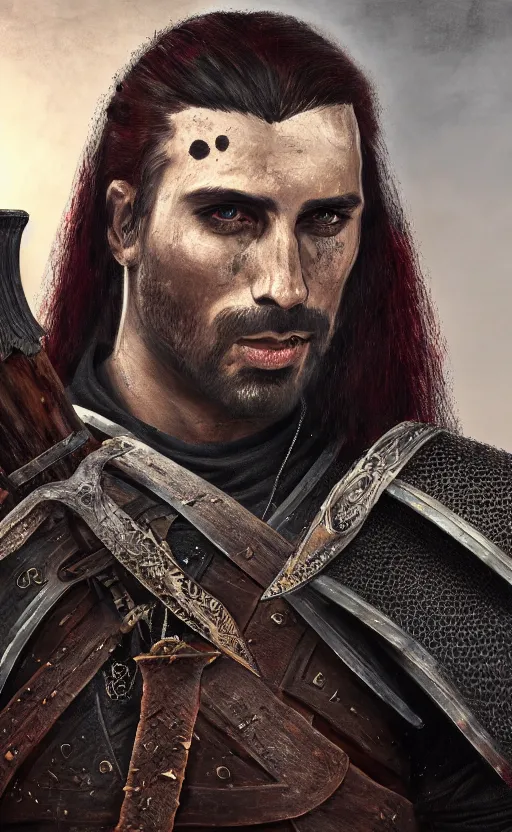 Prompt: an oil art portrait of young handsome pale roma, grim dark warrior from witcher, gipsy blood mage with great sword character design from inquisition, 4 k, ultra detail, volumetric lighting, unreal engine, octane render