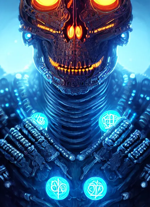 Prompt: extreme close up, portrait of a cyber skeleton, glowing runes surrounding, armor made of glowing runes, intricate, elegant, glowing lights, highly detailed, digital painting, artstation, concept art, smooth, sharp focus, illustration, art by wlop, mars ravelo and greg rutkowski