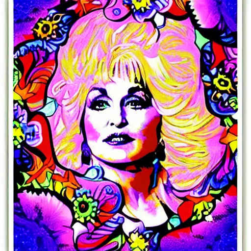 Image similar to psychedelic floral poster with Dolly Parton’s face