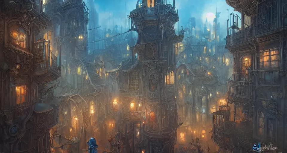 Image similar to landscape painting of fantasy metal steampunk city that has a light blue glow with walkways and lit windows with hooded thieves in leathers climbing the buildings using a rope, fine details, magali villeneuve, artgerm, rutkowski