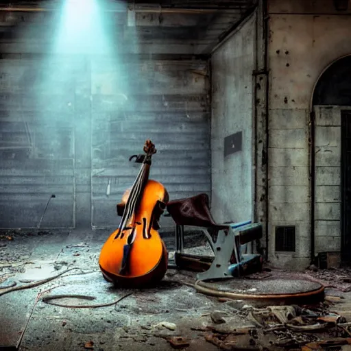 Image similar to abandoned steampunk factory with a Lonely cello, cinematic light,