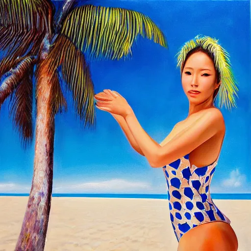 Image similar to perfect, realistic oil painting of close-up japanese woman in racing one-piece swimsuit, at sand beach with palms, by an American professional senior artist, Hollywood concept, dynamic composition and motion