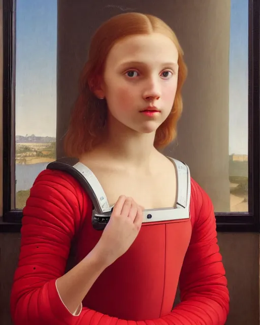 Image similar to a window - lit realistic portrait painting of a thoughtful girl resembling a young, shy, redheaded alicia vikander or millie bobby brown wearing a futuristic red plastic spacesuit, lit by an oval window at the side, highly detailed, intricate, by vermeer, william bouguereau, and donato giancola, and vermeer