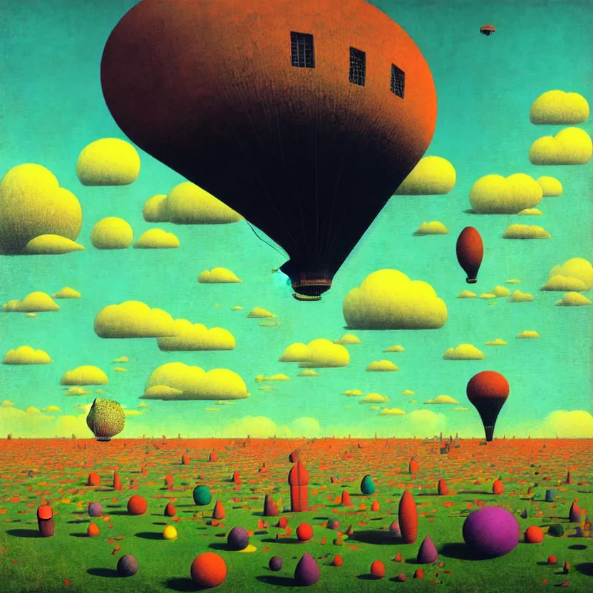 Image similar to surreal glimpse into other universe, airship floating sky, summer morning, very coherent and colorful high contrast, art by! gediminas pranckevicius, rene magritte! paul klee geof darrow, volumetric lighting, cinematic, floralpunk screen printing woodblock, dark shadows, hard lighting, stipple brush