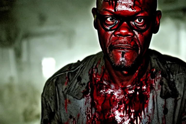 Image similar to samuel l. jackson as a zombie, blood, decay, cinematic lighting, portrait, medium shot, horror movie still