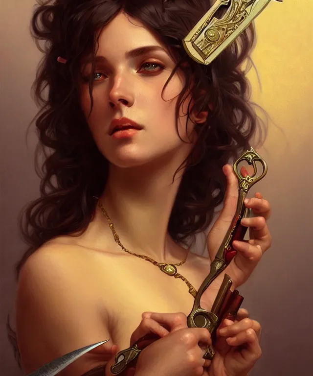 Image similar to portrait of biblical delilah holding a lock of hair and shears, intricate, headshot, highly detailed, digital painting, artstation, concept art, sharp focus, cinematic lighting, illustration, art by artgerm and greg rutkowski, alphonse mucha, cgsociety