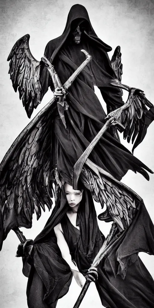 Image similar to grim reaper angel holding seven exactly seven I repeat I want seven 7 scythes with their hands, hugging them and trying to hold all of them within their arms, photography