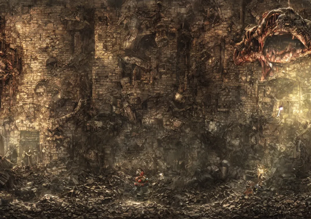 Image similar to super mario hiding behind a brick wall from Giga Bowser in the distance in a destroyed kingdom, Resident Evil virus concept art, highly detailed, horror, scary, terrifying, horrific, hd 4k