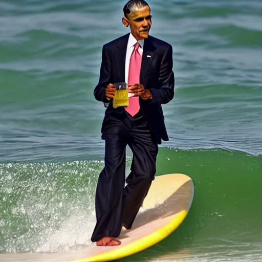 Prompt: obama surfing holding a drink, vacation photo, high detail realistic