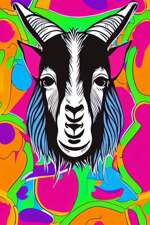 Prompt: A portrait of a goat wearing a bandana, sticker, colorful, illustration, highly detailed, smooth and clean vector curves, no jagged lines, vector art, smooth