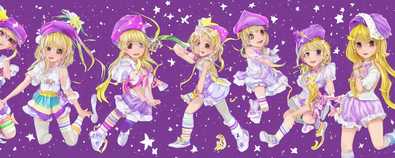 Image similar to A character sheet of full body cute magical girls with short blond hair wearing an oversized purple Beret, Purple overall shorts, Short Puffy pants made of silk, pointy jester shoes, a big billowy scarf, and white leggings. Rainbow accessories all over. Flowing fabric. Golden Ribbon. Covered in stars. Fancy Dress. Jasmine Pants. Lolita Dress. Short Hair. Art by william-adolphe bouguereau and Paul Delaroche and Alexandre Cabanel and Lawrence Alma-Tadema and WLOP and Artgerm. Fashion Photography. Decora Fashion. harajuku street fashion. Kawaii Design. Intricate, elegant, Highly Detailed. Smooth, Sharp Focus, Illustration Photo real. realistic. Hyper Realistic. Sunlit. Moonlight. Dreamlike. Fantasy Concept Art. Surrounded by clouds. Artist Clothes. Painter Clothes. Dreamer. 4K. UHD. Denoise.