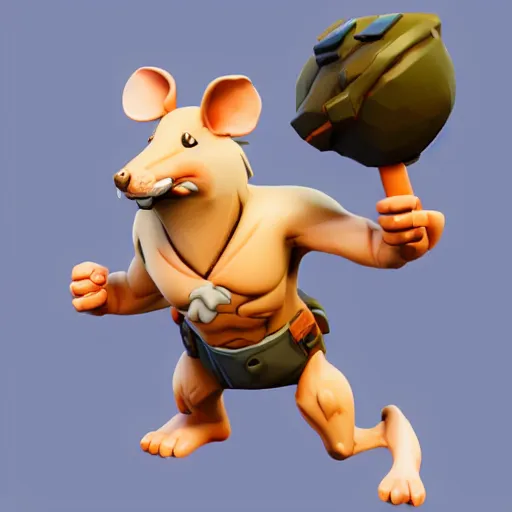 Image similar to a cute muscular rat wearing shorts, 3D render, Z-Brush sculpt, fortnite style