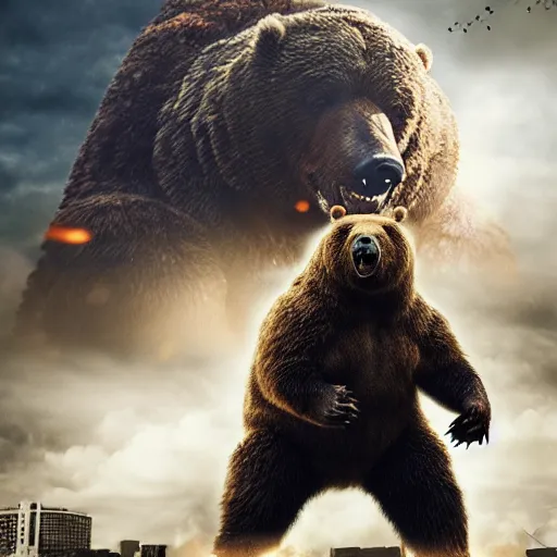 Image similar to a giant angry bear fighting with godzilla in the city, photomanipulation, photoshop, digital art