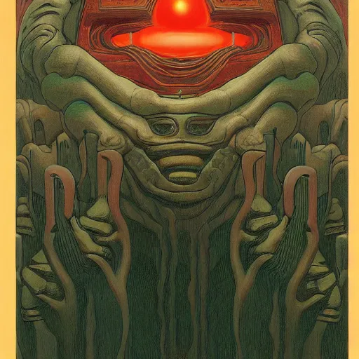 Image similar to doom, highly detailed, artstation, in the style of moebius, art by rene magritte and jean delville