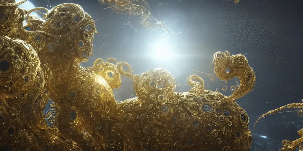 Prompt: a photo of 8k ultra realistic nanotech swarm lovecraftian golden humanoid queen standing next to a spaceship window overlooking earth, 8 intricate white and gold tentacles, ornate white and gold armour, cinematic lighting, trending on artstation, 4k, hyperrealistic, focused, extreme details, unreal engine 5, cinematic, masterpiece