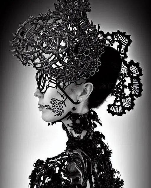 Image similar to surreal dark poetic black and white photo portrait of complex bio-mechanical beautiful young silver female vegetal-cyborg with a Mandelbrot fractal steampunk metal fine lace face, a very long neck and a fine metal floral foliage super big lace collar by Alexander McQueen:: smoke, high fashion, haute couture, rococo, steampunk, silver filigree details, anatomical, facial muscles, cable wires, microchip, elegant, dreamy, foggy atmosphere, hyper realistic, 150 mm lens, soft rim light, octane render, unreal engine, picture was taken in 1910 by Man Ray, volumetric lighting, dramatic light,8k,