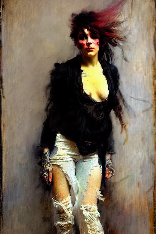 Image similar to impressionist brushstrokes!!!! solomon joseph solomon and richard schmid and jeremy lipking victorian loose genre loose painting full length portrait painting of a young beautiful woman punk rocker