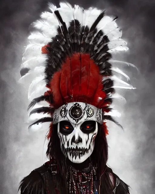 Image similar to the ghost - spirit of the grim - warpaint wears the scarlet skull armor and native blood headdress feathers, midnight fog - mist!, dark oil painting colors, realism, cinematic lighting, various refining methods, micro macro autofocus, ultra definition, award winning photo