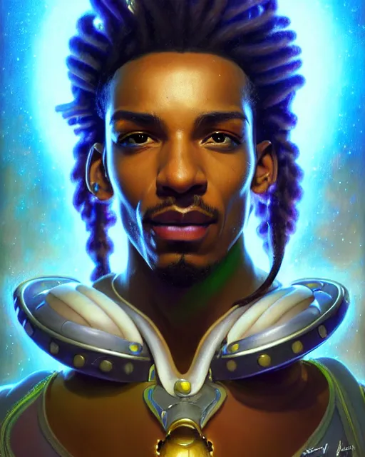 Image similar to lucio from overwatch, dreadlocks, fantasy, fantasy art, character portrait, portrait, close up, highly detailed, intricate detail, amazing detail, sharp focus, vintage fantasy art, vintage sci - fi art, radiant light, caustics, by boris vallejo