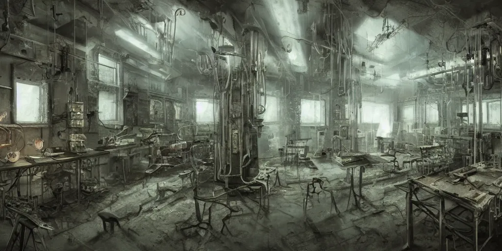 Prompt: xxii century humans discover abandoned laboratory with vacuum tube computers, early xx century technology, dark atmosphere, intricate, elegant, highly detailed, urban decay, digital painting, artstation, concept art, smooth, sharp focus, octane render, dramatic lighting, volumetric lighting, cinematic lighting, art by zdislav beksinski and hans giger