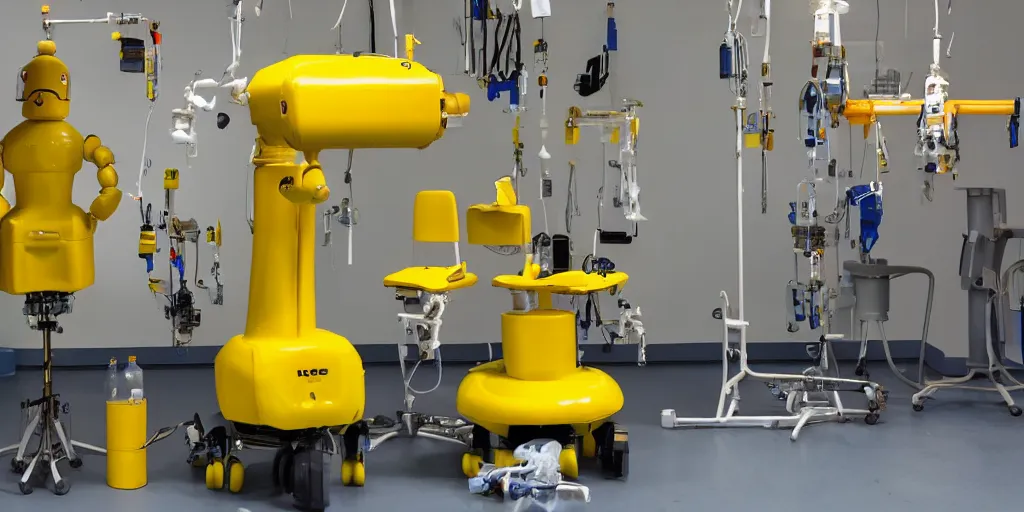 Prompt: a yellow mechanic robot sitting on the chair in the middle hang with bunch of infusion therapy bottles