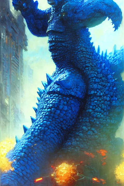 Prompt: happy blue godzilla wearing rainbow coloured cap, detailed portrait dnd, painting by gaston bussiere, craig mullins, greg rutkowski, yoji shinkawa